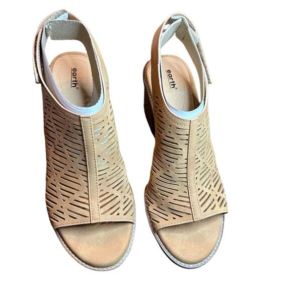 Earth Aurara Stacked Block Heel Peep Toe Sandals Comfort Shoe Tan NEW Size 10 - Picture 2 of 11